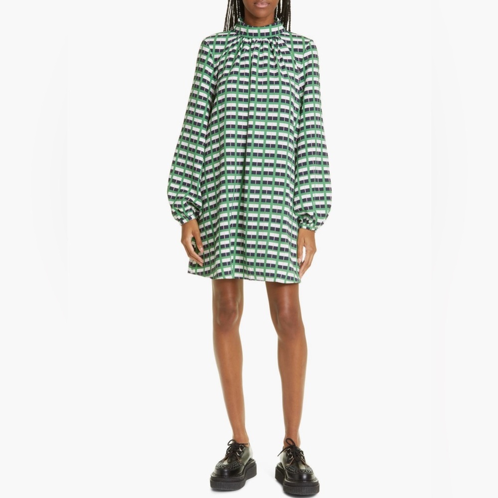 Stine Goya, Solaries Retro check long sleeve A-line mini dress